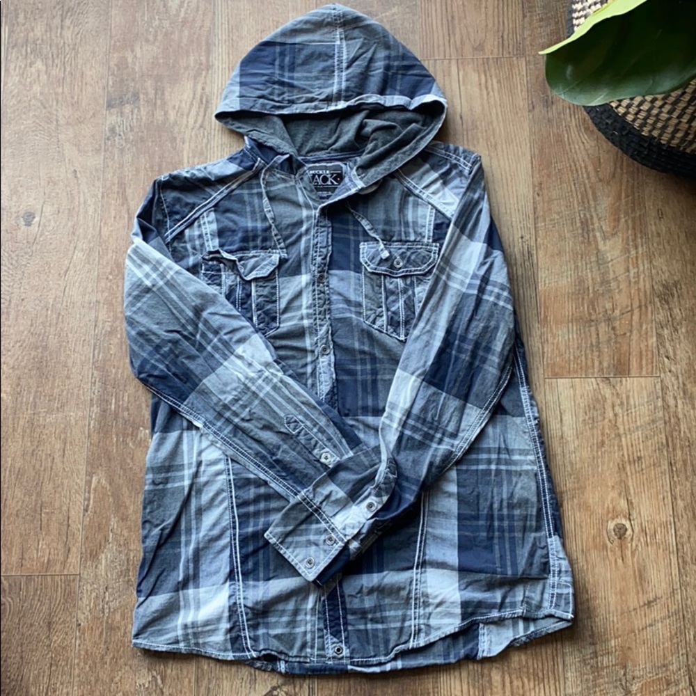 MENS Buckle Black Button Up Flannel with Hood